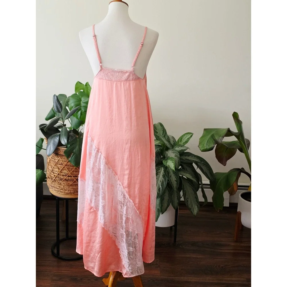 Intimately Free People Coral Pink Lace Maxi Slip Dress XS Boho Lingerie Style‎